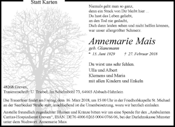 Anzeige von Annemarie Mais von Westfälische Nachrichten