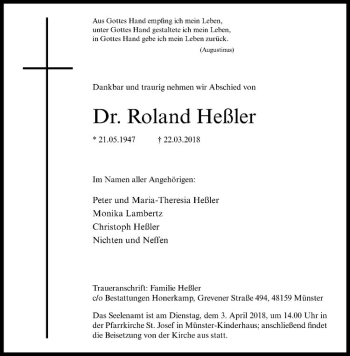 Anzeige von Roland Heßler von Westfälische Nachrichten