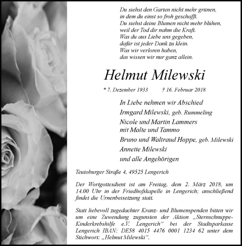  Traueranzeige für Helmut Milewski vom 28.02.2018 aus Westfälische Nachrichten