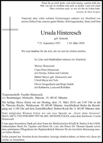 Anzeige von Ursula Hinteresch von Westfälische Nachrichten