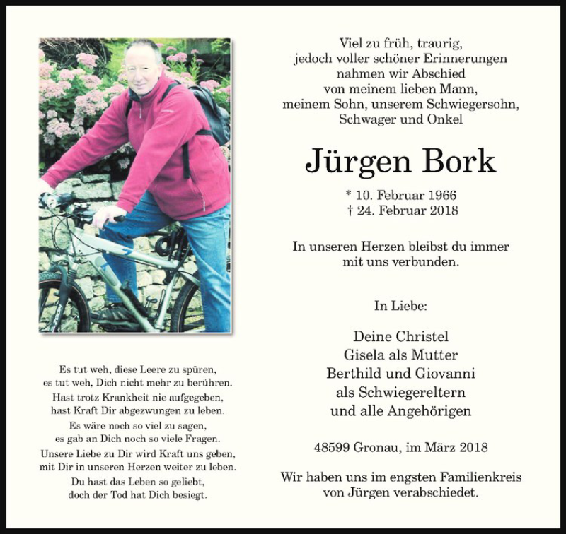  Traueranzeige für Jürgen Bork vom 14.03.2018 aus Westfälische Nachrichten