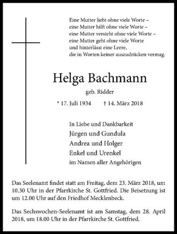 Anzeige von Helga Bachmann von Westfälische Nachrichten