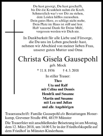 Anzeige von Christa Gisela Gausepohl von Westfälische Nachrichten