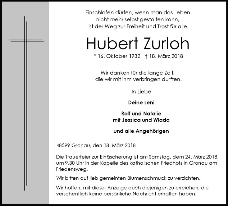 Traueranzeige für Hubert Zurloh vom 20.03.2018 aus Westfälische Nachrichten