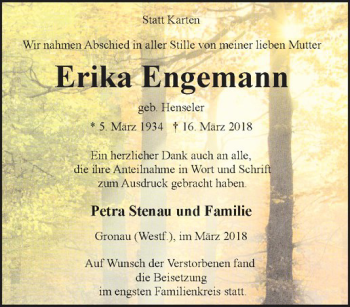 Anzeige von Erika Engemann von Westfälische Nachrichten
