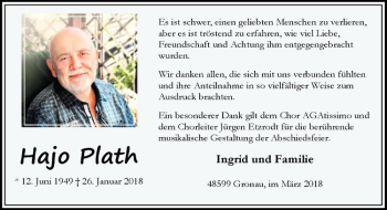 Anzeige von Hajo Plath von Westfälische Nachrichten