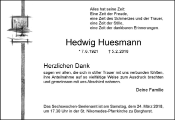 Anzeige von Hedwig Huesmann von Westfälische Nachrichten
