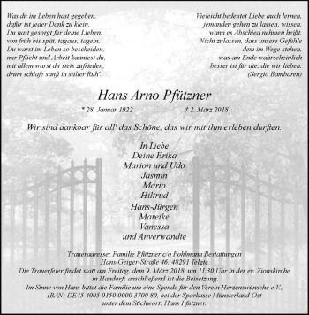 Anzeige von Hans Arno Pfützner von Westfälische Nachrichten
