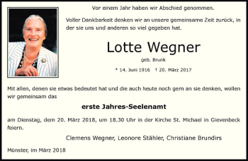 Anzeige von Lotte Wegner von Westfälische Nachrichten