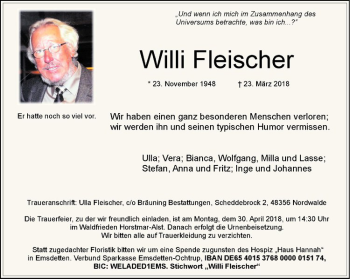 Anzeige von Willi Fleischer von Westfälische Nachrichten
