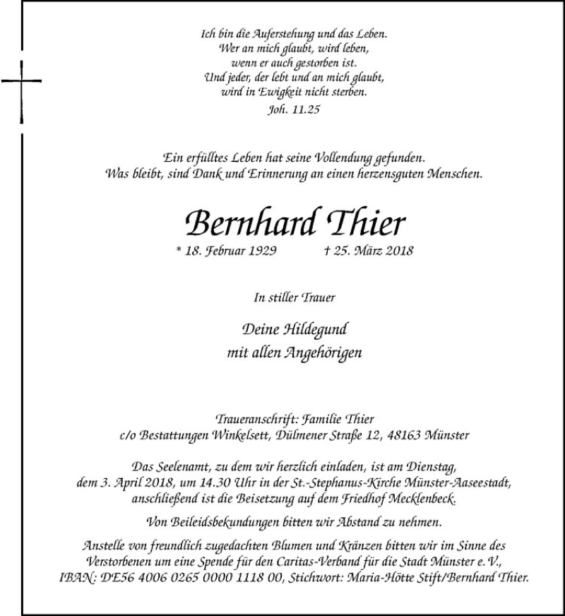  Traueranzeige für Bernhard Thier vom 28.03.2018 aus Westfälische Nachrichten
