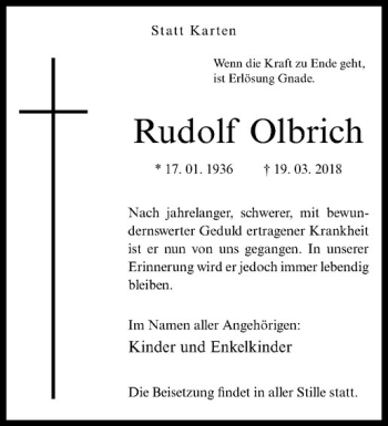 Anzeige von Rudolf Olbrich von Westfälische Nachrichten