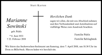 Anzeige von Marianne Sowinski von Westfälische Nachrichten
