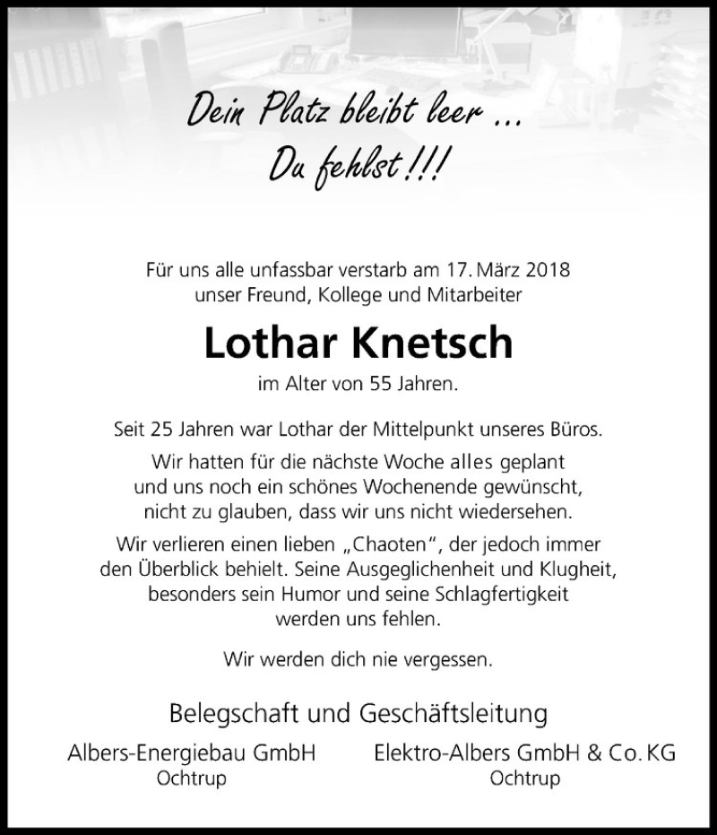  Traueranzeige für Lothar Knetsch vom 24.03.2018 aus Westfälische Nachrichten