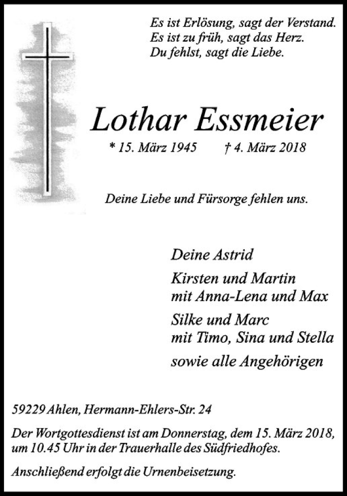  Traueranzeige für Lothar Essmeier vom 10.03.2018 aus Westfälische Nachrichten