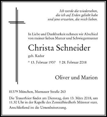 Anzeige von Christa Schneider von Westfälische Nachrichten