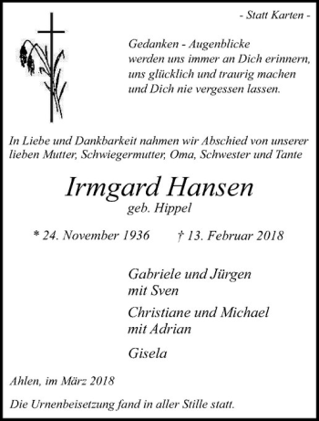 Anzeige von Irmgard Hansen von Westfälische Nachrichten