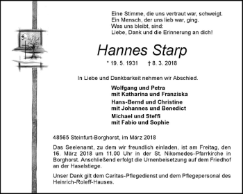 Anzeige von Hannes Starp von Westfälische Nachrichten