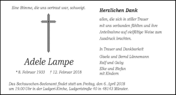 Anzeige von Adele Lampe von Westfälische Nachrichten