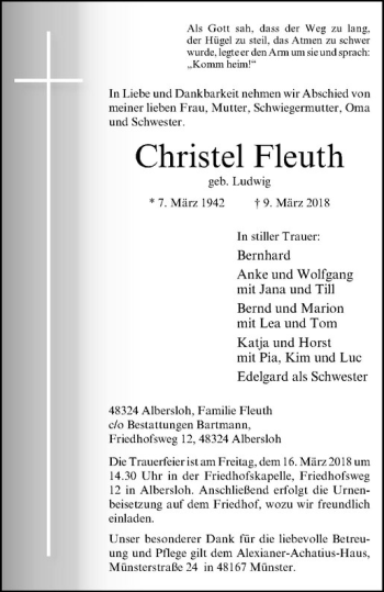 Anzeige von Christel Fleuth von Westfälische Nachrichten