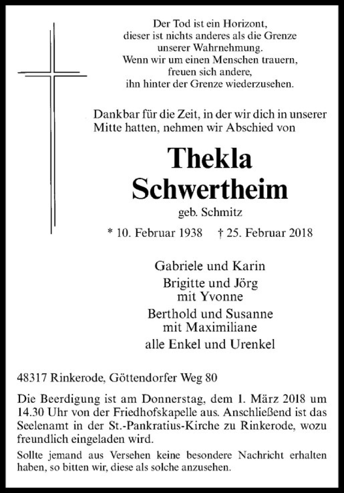  Traueranzeige für Thekla Schwertheim vom 28.02.2018 aus Westfälische Nachrichten