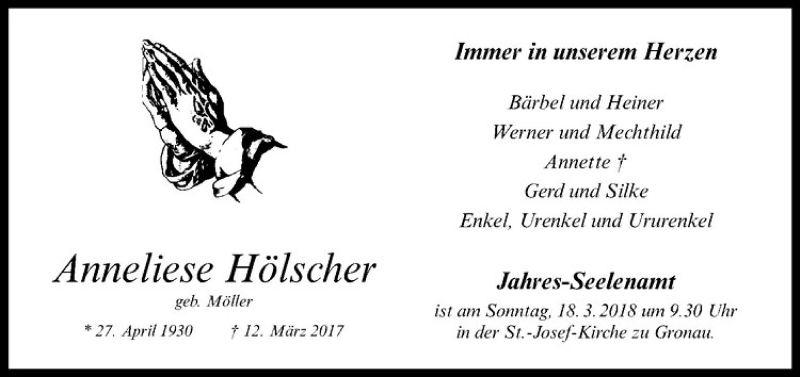  Traueranzeige für Anneliese Hölscher vom 10.03.2018 aus Westfälische Nachrichten