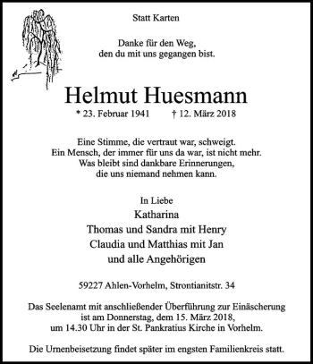 Anzeige von Helmut Huesmann von Westfälische Nachrichten