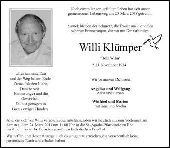 Anzeige von Willi Klümper von Westfälische Nachrichten