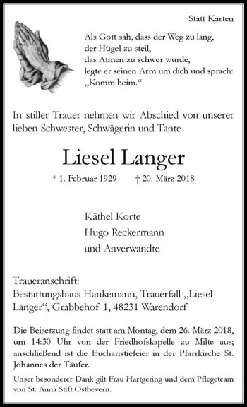 Anzeige von Liesel Langer von Westfälische Nachrichten