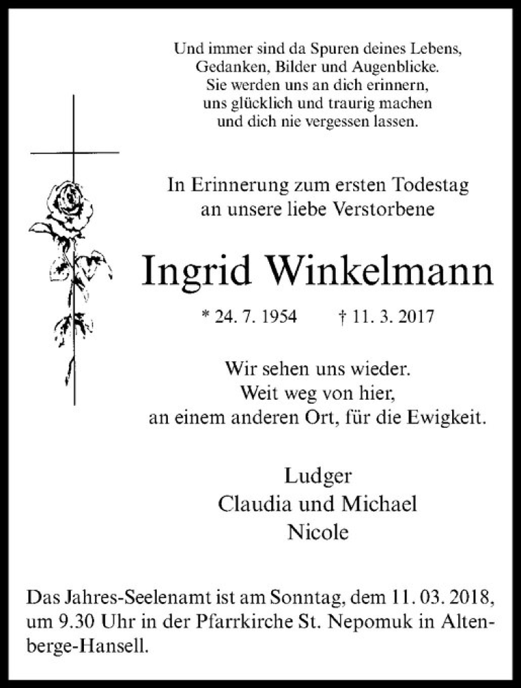  Traueranzeige für Ingrid Winkelmann vom 03.03.2018 aus Westfälische Nachrichten