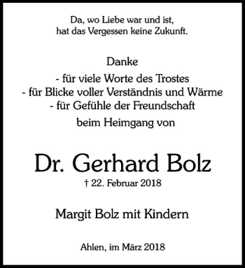 Anzeige von Gerhard Bolz von Westfälische Nachrichten