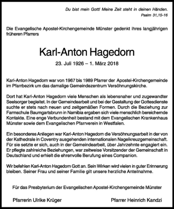 Anzeige von Karl-Anton Hagedorn von Westfälische Nachrichten