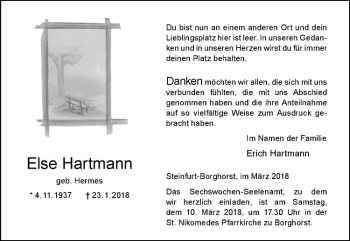 Anzeige von Else Hartmann von Westfälische Nachrichten