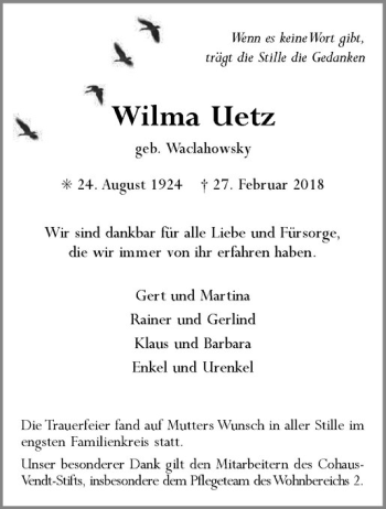 Anzeige von Wilma Uetz von Westfälische Nachrichten