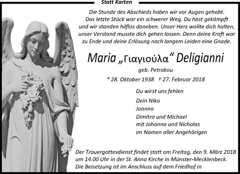  Traueranzeige für Maria Deligianni vom 03.03.2018 aus Westfälische Nachrichten