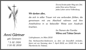 Anzeige von Anni Gärtner von Westfälische Nachrichten