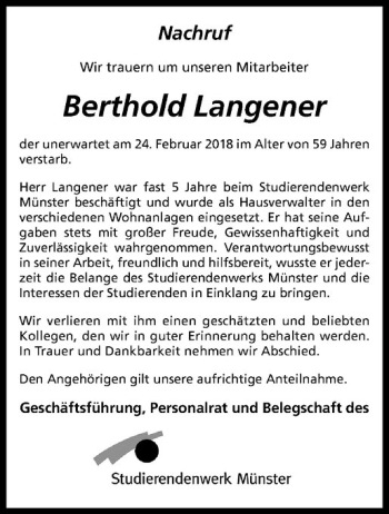 Anzeige von Berthold Langener von Westfälische Nachrichten