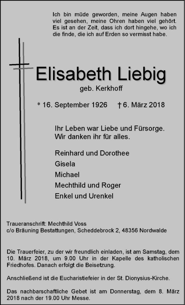  Traueranzeige für Elisabeth Liebig vom 08.03.2018 aus Westfälische Nachrichten