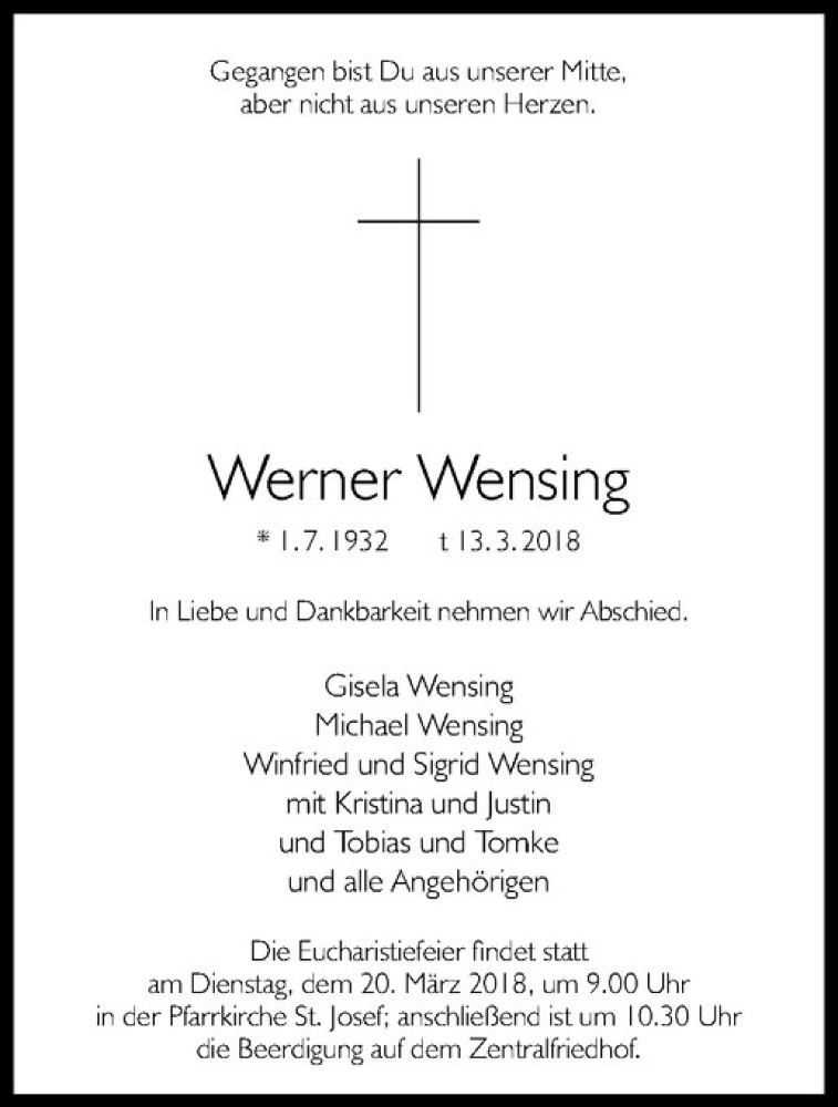  Traueranzeige für Werner Wensing vom 16.03.2018 aus Westfälische Nachrichten