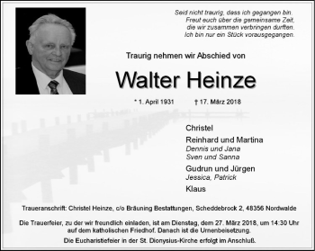 Anzeige von Walter Heinze von Westfälische Nachrichten
