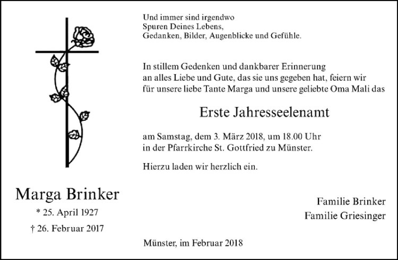 Traueranzeige für Marga Brinker vom 28.02.2018 aus Westfälische Nachrichten