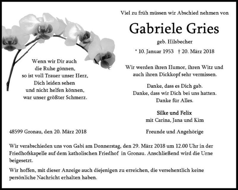  Traueranzeige für Gabriele Gries vom 24.03.2018 aus Westfälische Nachrichten