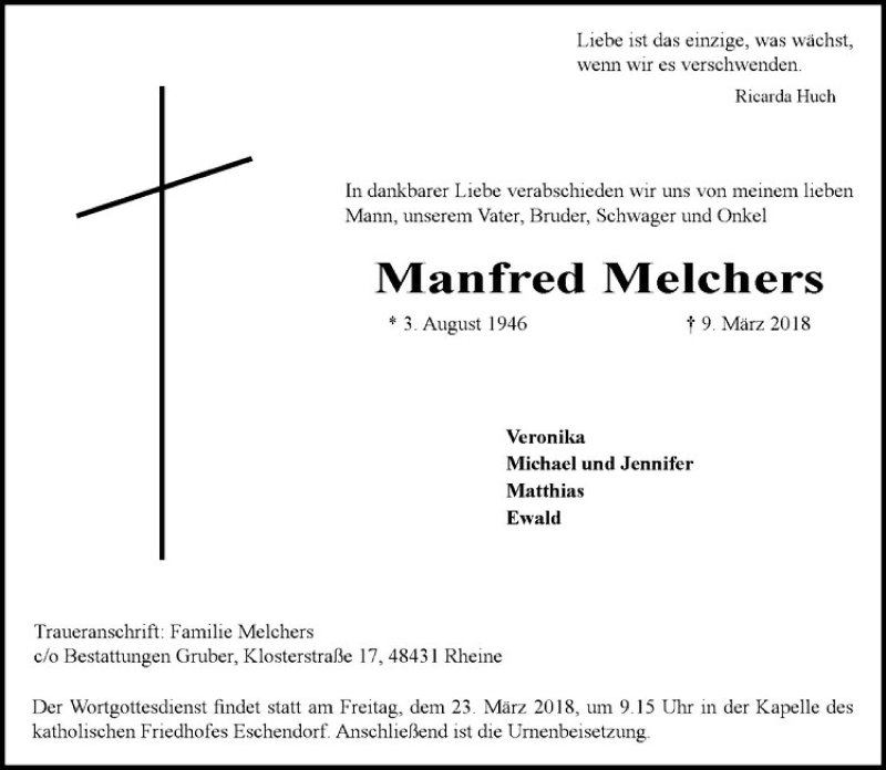  Traueranzeige für Manfred Melchers vom 17.03.2018 aus Westfälische Nachrichten