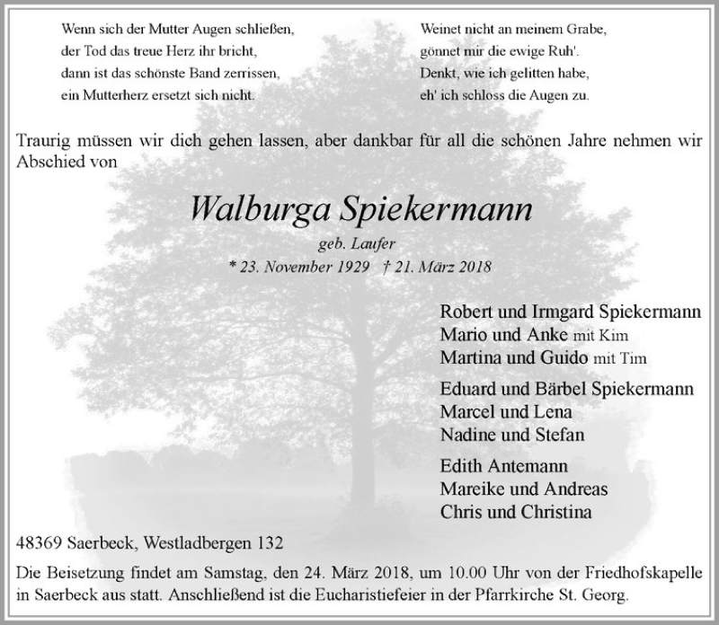  Traueranzeige für Walburga Spiekermann vom 23.03.2018 aus Westfälische Nachrichten