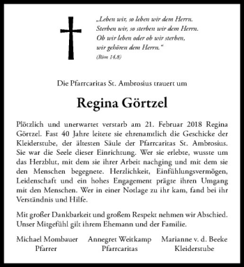 Anzeige von Regina Görtzel von Westfälische Nachrichten