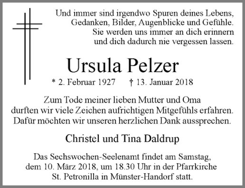  Traueranzeige für Ursula Pelzer vom 03.03.2018 aus Westfälische Nachrichten