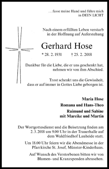 Anzeige von Gerhard Hose von Westfälische Nachrichten