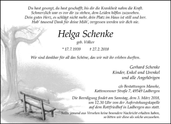 Anzeige von Helga Schenke von Westfälische Nachrichten