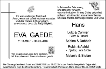 Anzeige von Eva Gaede von Westfälische Nachrichten