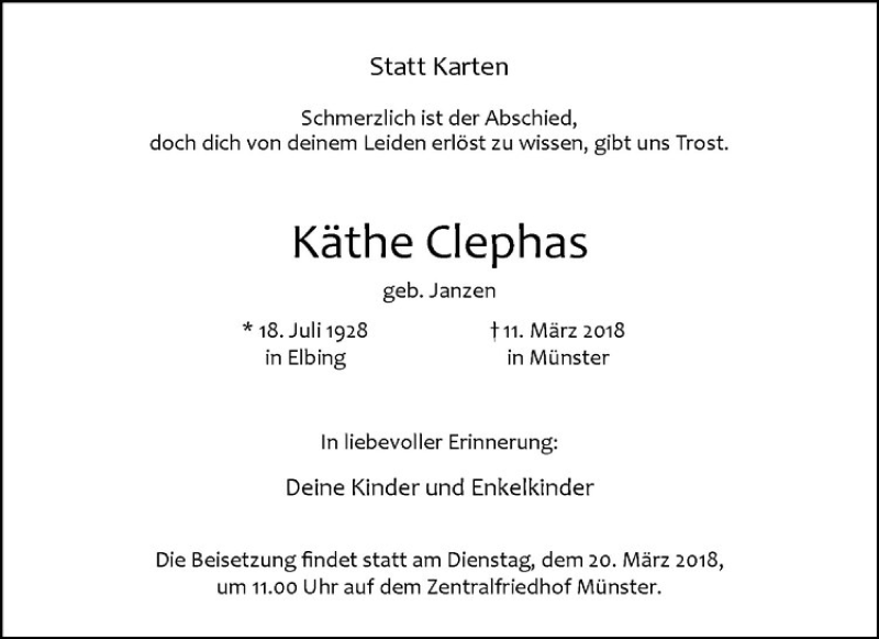  Traueranzeige für Käthe Clephas vom 17.03.2018 aus Westfälische Nachrichten